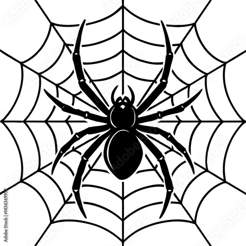 Vector silhouette illustration of a spider in the center of its web in black. Represents nature and insects.
