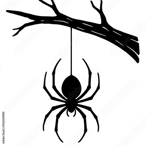 Vector silhouette illustration of a spider hanging from a tree branch by a thread in black. Represents nature and insects.