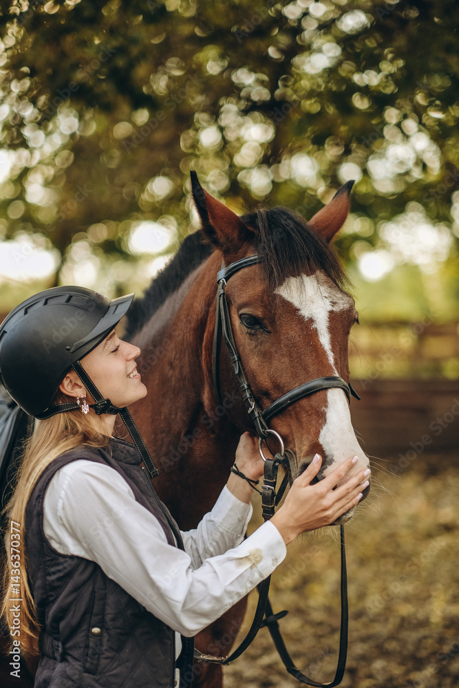 Fototapeta premium A young female equestrian stands near her horse and prepares for a competition.
