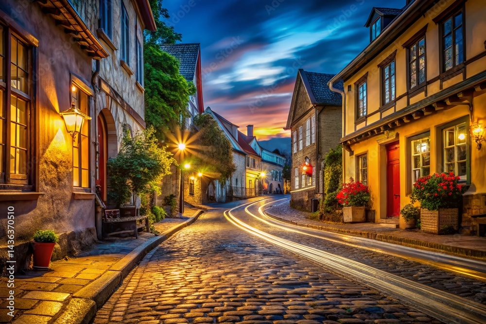 Fototapeta premium Long Exposure Night Photography: Charming Old Town Street, Island Nation