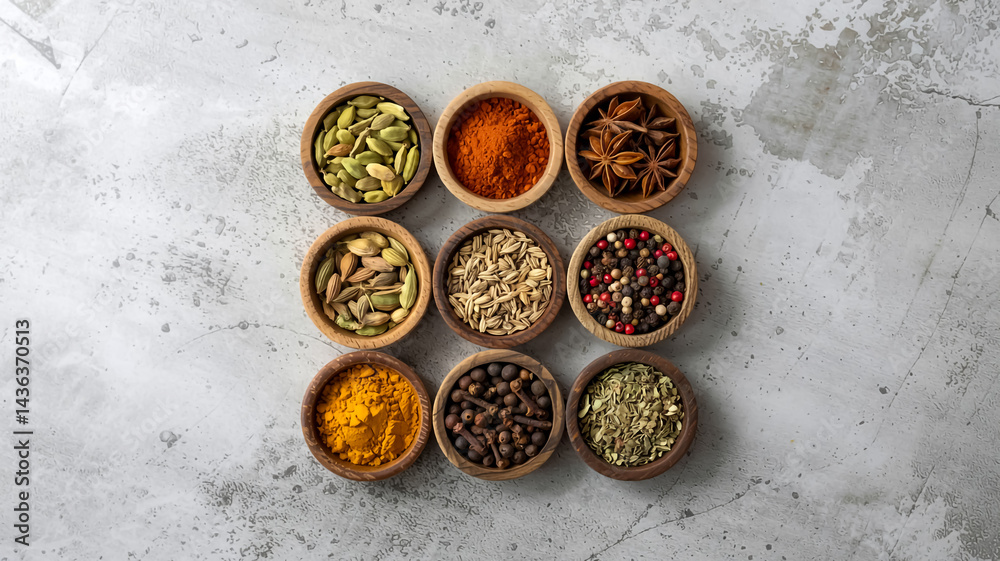 A top-down view of nine small round wooden bowls arranged in a 3x3 grid on a light gray textured concrete surface. Each bowl contains different spices and seasonings A top-down view of nine small round wooden bowls arranged in a 3x3 grid on a light gray textured concrete surface. Each bowl contains different spices and seasonings