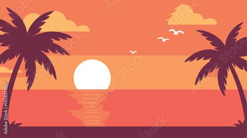 Sunset view of a tropical beach, palm trees swaying by the sea, with a summer resort under a vibrant cloudy sky.