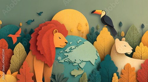 World Wildlife Day Illustration with Paper Cut Animals and Earth Globe