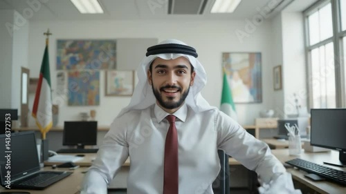 Surprised arab businessman in modern office setting