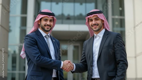 Businessmen handshake in front of modern building