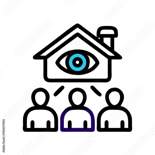 Three people under a house with an eye symbol depicting surveillance concept
