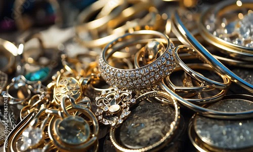 Opulent Gold Jewelry Pile Featuring Rings Bracelets and Coins a Gleaming Treasure Trove of Luxury and Wealth
