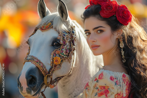 Elegant scene at Feria del Caballo 2025, Jerez, Spain. Close-up of a beautiful Andalusian horse decorated with intricate accessories, rider dressed in classic flamenco-style clothing.