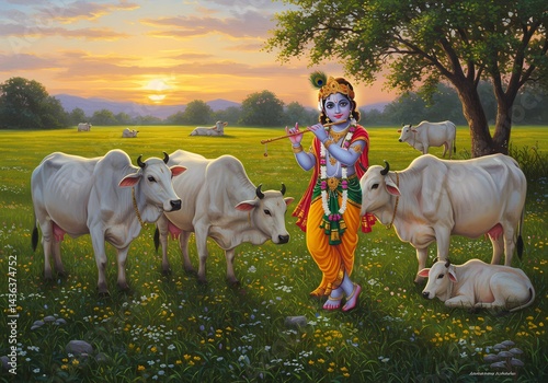 Lord Krishna Playing the Flute Amidst White Cows at Sunset