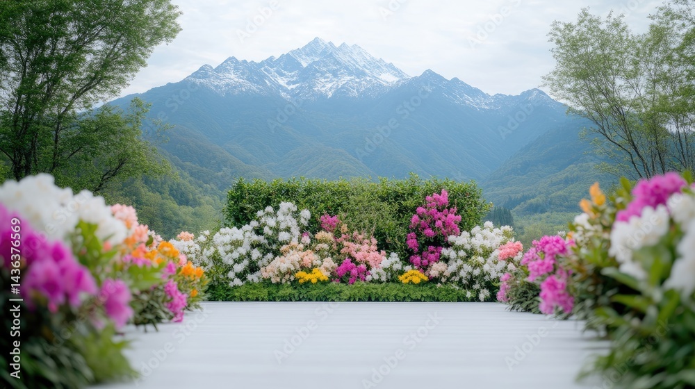 Obraz premium Vibrant floral display against a majestic mountain backdrop. 