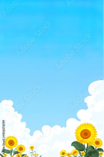 Blue sky, white clouds, and sunflowers at the bottom of the picture. Simple background with white