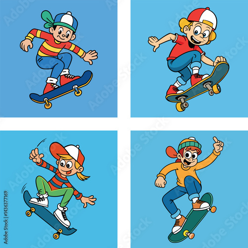 Four Cartoon Skateboarders With Retro Outfits On Blue Background Illustration