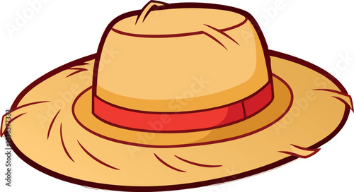 Premium Straw Hat Vector Illustration Featuring a Vibrant Red Ribbon – Essential for Trendy Summer, Beach, and Outdoor Creative Designs