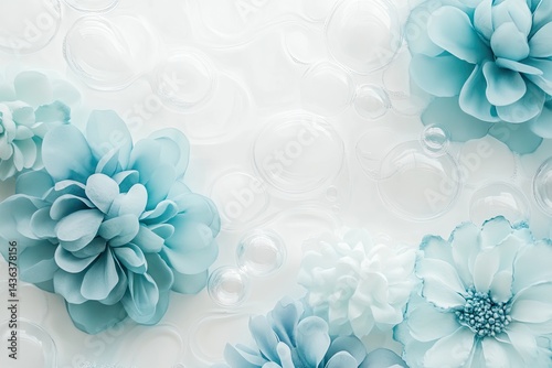 Delicate pastel blue flowers on a light background with translucent circles