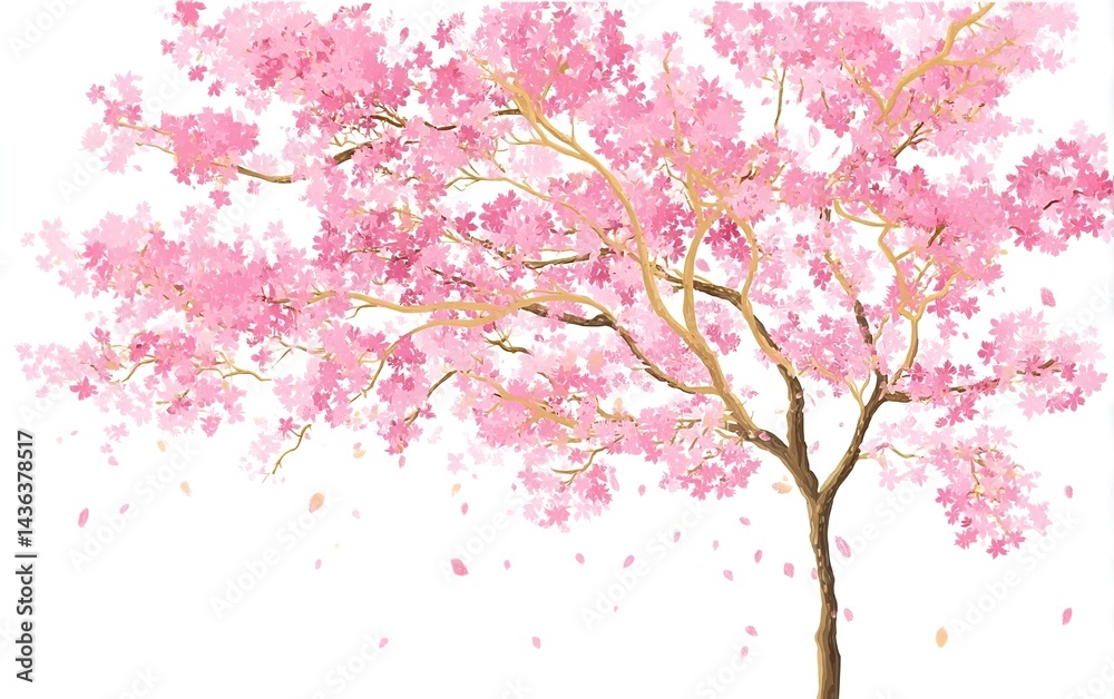 Fototapeta premium Cherry blossom tree, with pink petals falling from the branches, vector illustration, on a white