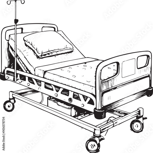 Hospital Bed in Clinic, Being Sick or Ill, Black and White Vector Illustration, Sketch Drawing Line Linear Symbol Icon Engraving, Hand-drawn Isolated