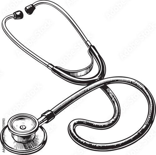 Stethoscope, Doctor and Healthcare, Black and White Vector Illustration, Sketch Drawing Line Linear Symbol Icon Engraving, Hand-drawn Isolated