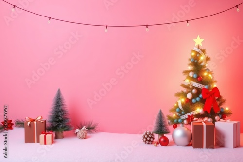 Pink Christmas Background with Decorated Christmas Tree and Gifts