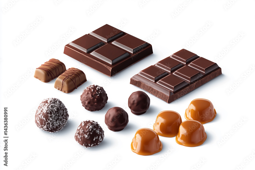 Digital illustration of a set of confectionery products: chocolate bars, truffles and caramel candies Digital illustration of a set of confectionery products: chocolate bars, truffles and caramel candies
