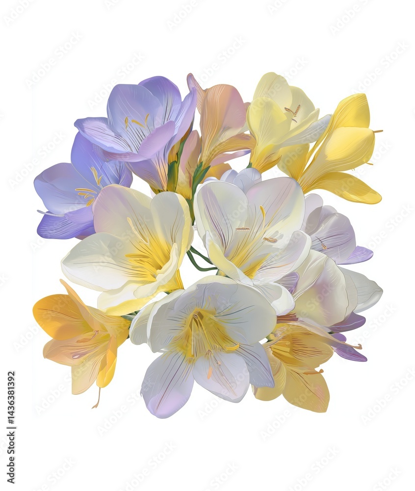Obraz premium A captivating bouquet of Freesia flowers in various hues on a white background