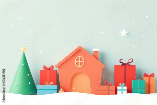 Festive Christmas Scene with House, Tree, and Presents in Paper Craft Style