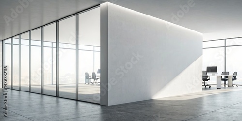 Modern Office Interior Glass Wall, White Partition, Concrete Floor, Minimalist Design, Bright Workspace. Office Design, Modern Architecture