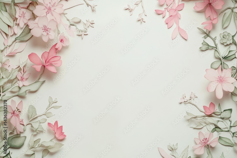 Fototapeta premium Delicate paper flowers create a soft, pastel floral frame.