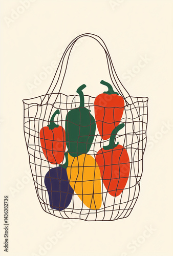 A bright and minimalist vector illustration of a net bag filled with colorful bell peppers, set against a sandy beige background