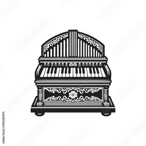 Melodic Traditions: A Beautiful Collection of Harmonium Vector Silhouettes Highlighting the Unique Shape, Rich Sound, and Cultural Significance of This Timeless Keyboard Instrument.