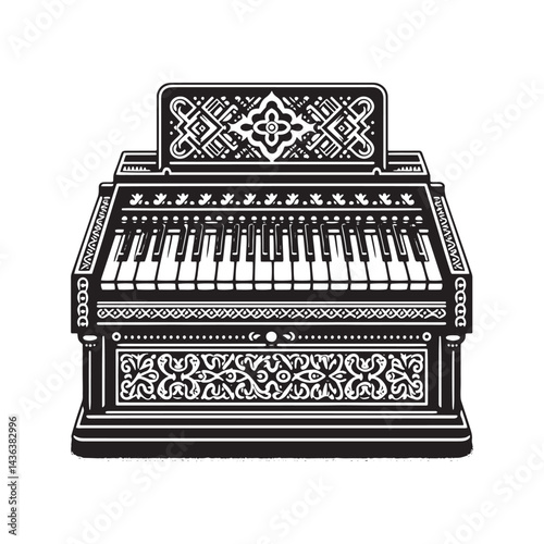 Melodic Traditions: A Beautiful Collection of Harmonium Vector Silhouettes Highlighting the Unique Shape, Rich Sound, and Cultural Significance of This Timeless Keyboard Instrument.