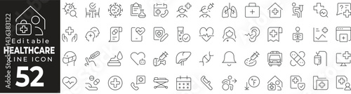 Healthcare Icon Set: A Line Icon Collection Featuring Hospital, Doctor, Medical Care, Health Services, and More