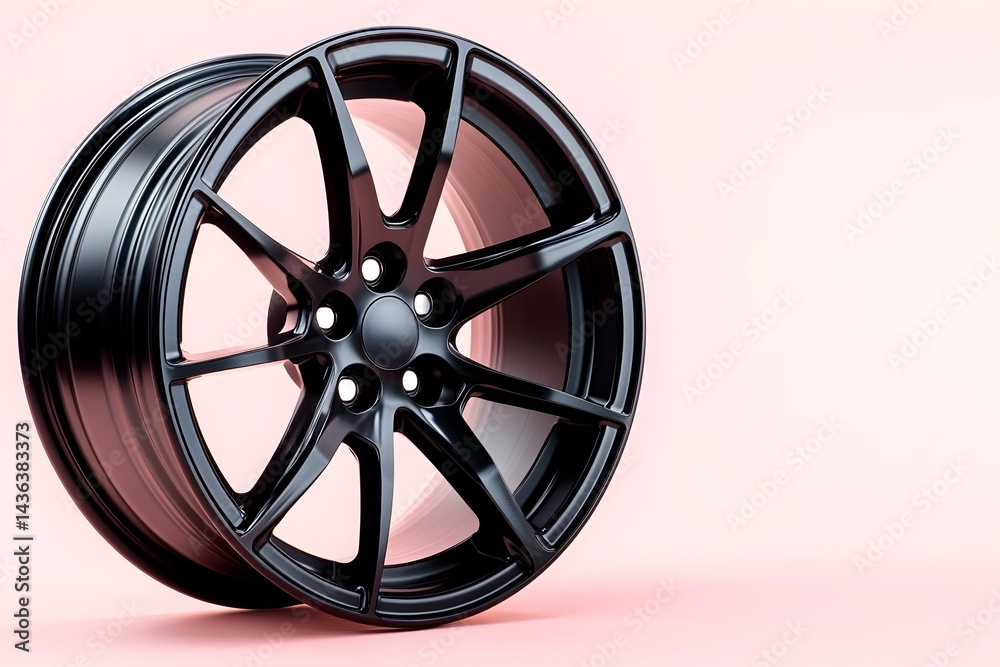 Obraz premium Sleek black alloy wheel with multi-spoke design, isolated on a pale pink background