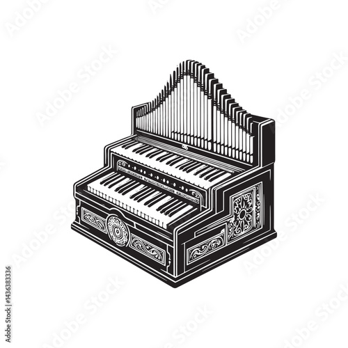 Melodic Traditions: A Beautiful Collection of Harmonium Vector Silhouettes Highlighting the Unique Shape, Rich Sound, and Cultural Significance of This Timeless Keyboard Instrument.