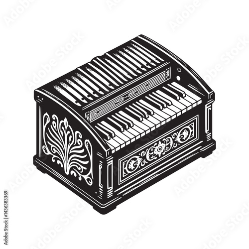 Melodic Traditions: A Beautiful Collection of Harmonium Vector Silhouettes Highlighting the Unique Shape, Rich Sound, and Cultural Significance of This Timeless Keyboard Instrument.