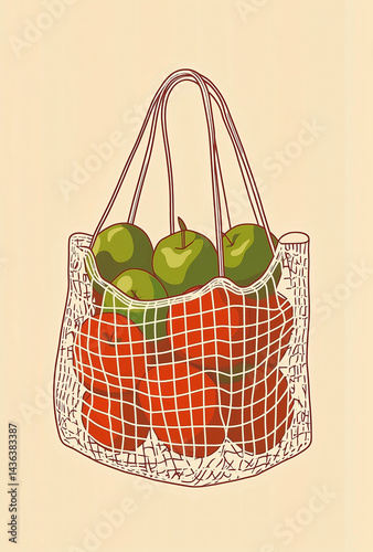 A simple and modern vector illustration of a net shopping bag carrying fresh green apples, set against a warm terracotta background