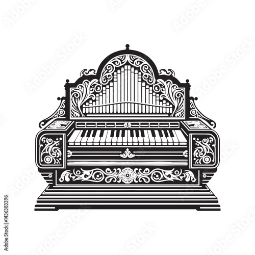 Melodic Traditions: A Beautiful Collection of Harmonium Vector Silhouettes Highlighting the Unique Shape, Rich Sound, and Cultural Significance of This Timeless Keyboard Instrument.