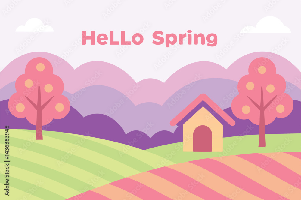 Colorful spring landscape with cherry blossoms, rolling hills, and pastel cottage in vector art style Colorful spring landscape with cherry blossoms, rolling hills, and pastel cottage in vector art style