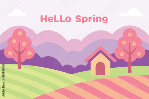 Colorful spring landscape with cherry blossoms, rolling hills, and pastel cottage in vector art style 