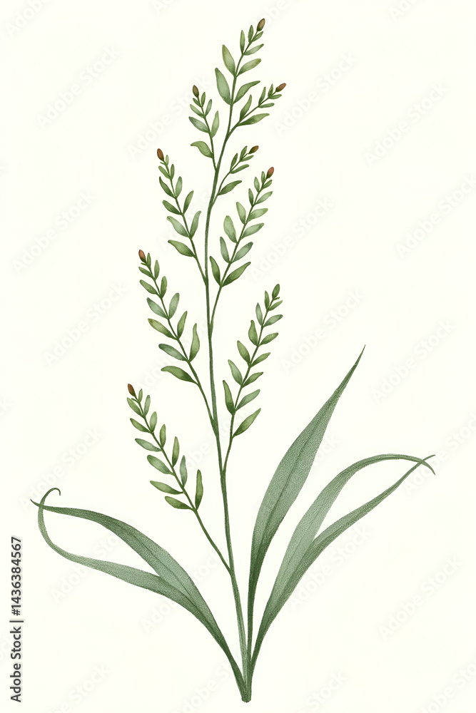 Fototapeta premium Hand-drawn green plants and layered leaves on white, with delicate pencil strokes and vintage botanical style, creating a minimal, elegant 4K wallpaper.