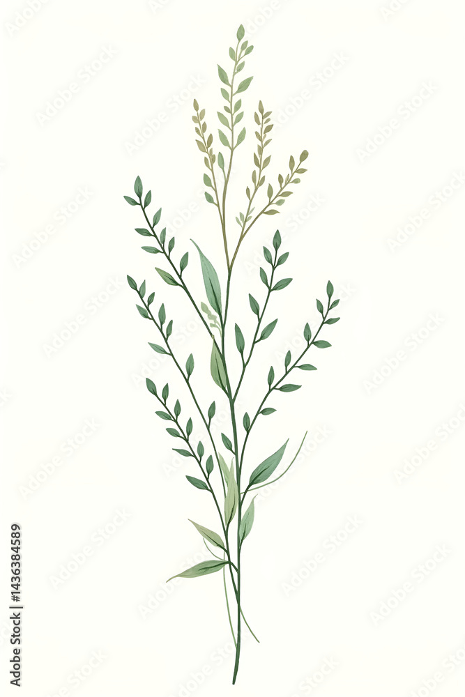 Obraz premium Hand-drawn green plants and layered leaves on white, with delicate pencil strokes and vintage botanical style, creating a minimal, elegant 4K wallpaper.