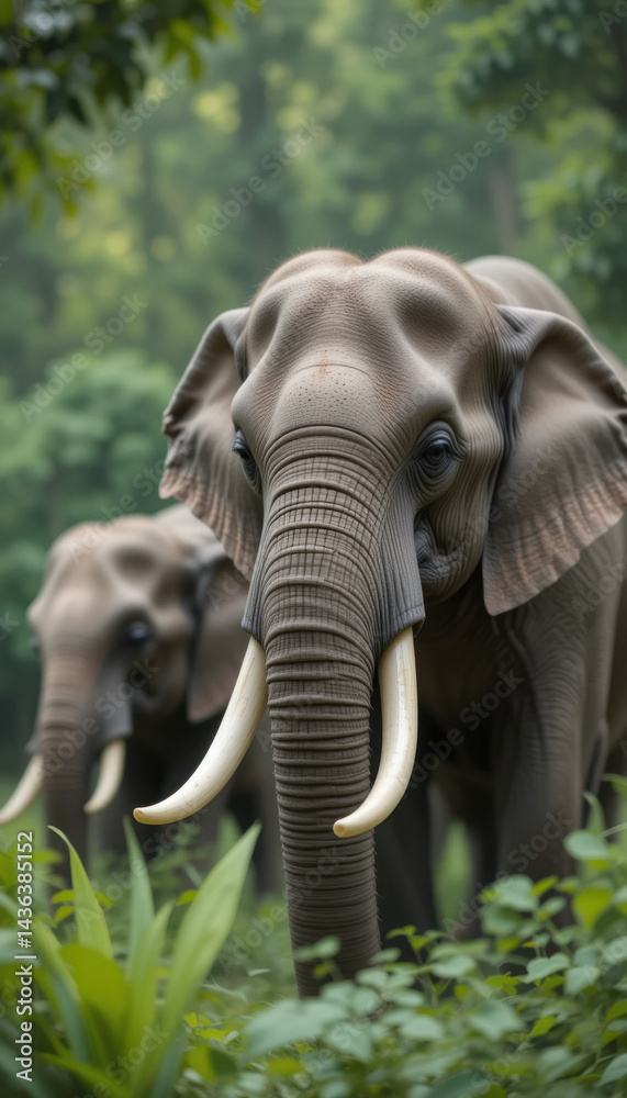 Fototapeta premium Majestic Asian Elephant with Large Tusks in Lush Jungle.