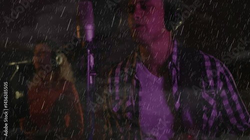 Music collaborators singing into studio microphones in recording room showing animated rain overlay
