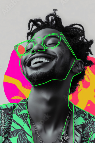 A grayscale photo of a smiling man with a neon green outline on a vibrant background. A collage of fashion