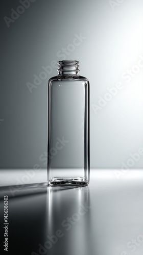 a minimalistic transparent glass bottle, floating in a pure white infinite background, elegant lighting, clean product photography, high-end industrial aesthetic, cinematic shadow detail, ultra crisp 