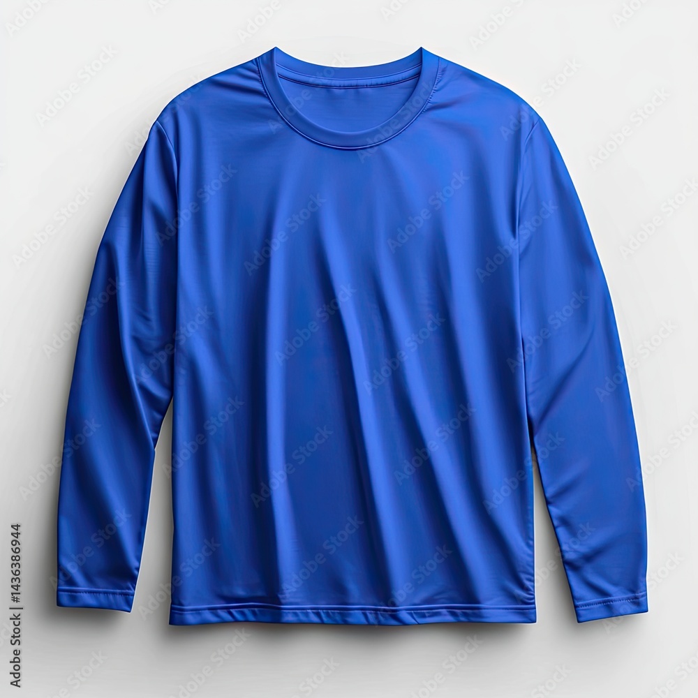 Vibrant royal blue long-sleeve shirt, laid flat on a plain background. Features a crew neck, and a smooth, slightly textured fabric Vibrant royal blue long-sleeve shirt, laid flat on a plain background. Features a crew neck, and a smooth, slightly textured fabric