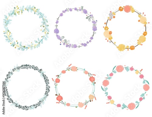 Wallpaper Mural Set of cute, simple flower wreaths in pastel colors, in a clip art style, isolated on a white Torontodigital.ca