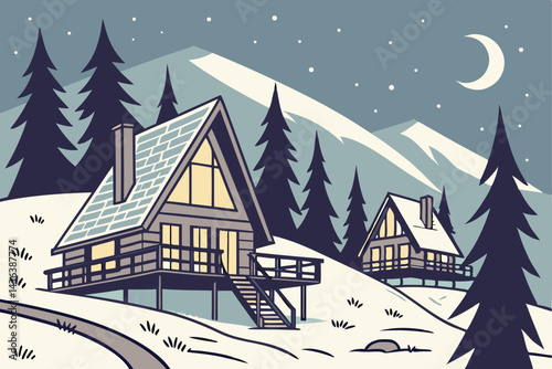 15 Winter resort, snowy landscape, illuminated cabins, pine forest, twilight scene, elevated wooden structures, cozy retreat, warm glowing lights, tranquil atmosphere, Nordic-inspired architecture, lu