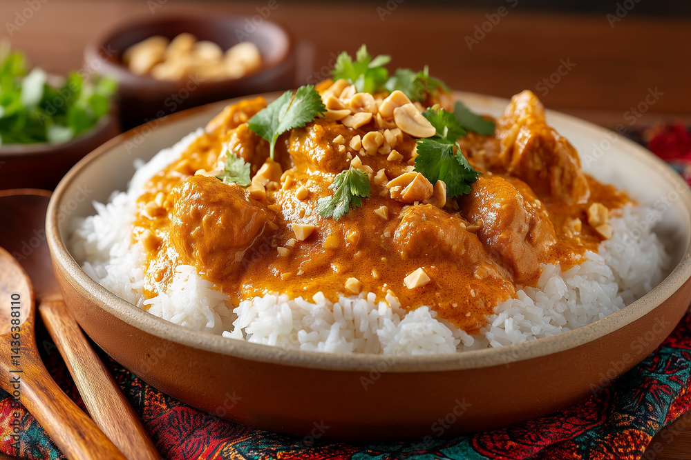 Sierra Leonean Groundnut Stew with Tender Chicken Pieces over Steamed Rice in Creamy Tomato-Peanut Sauce Topped with Peanuts and Cilantro – Authentic West African Comfort Food