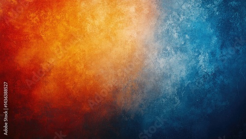 Abstract blend of warm orange-red and cool blue tones, creating a dynamic visual contrast.  A textured, painterly effect adds depth