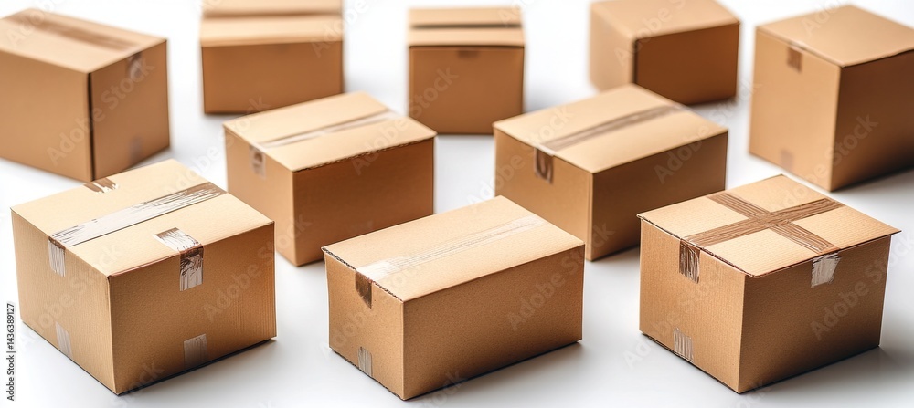 Fototapeta premium Multiple brown cardboard boxes sealed with tape are scattered on a white surface.
